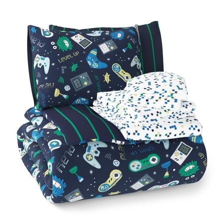 MAINSTAYS KIDS GLOW IN THE DARK GAMER REVERSIBLE COMFORTER SET WITH SHEETS, FULL, 7 PIECES
