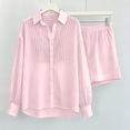 thumbnail image 5 of Cagogo Women's 2 Piece Striped Casual Set V Neck Long Sleeve Top Elastic Waisted Shorts Summer Outfits Lounge Travel Clothes Matching Two Piece, Pink S, 5 of 5