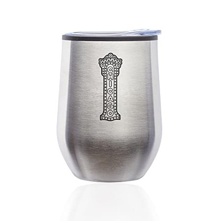 

Stemless Wine Tumbler Coffee Travel Mug Glass with Lid Chicago Theater Sign (Silver)