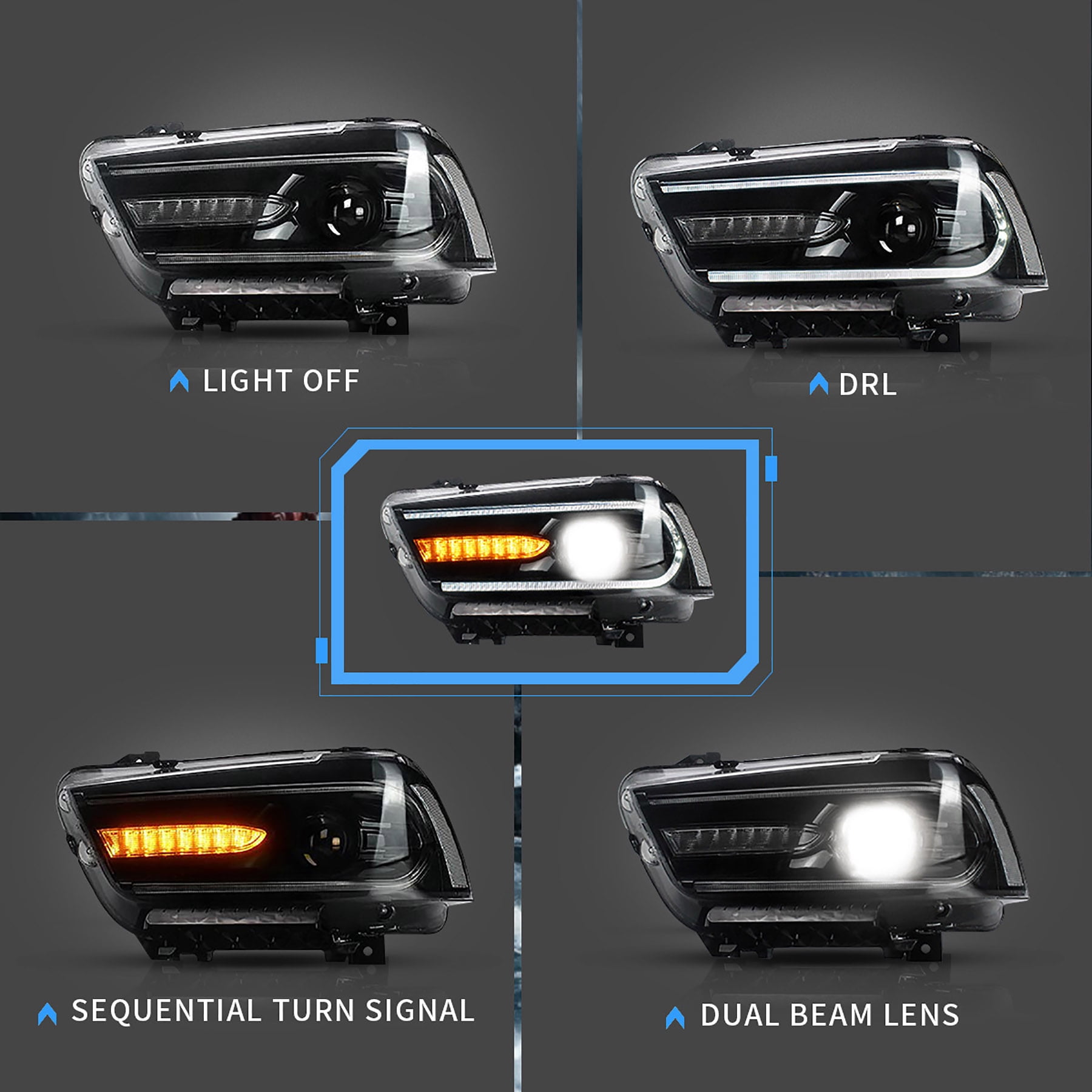 VLAND for Dodge Charger 2011 2012 2013 2014 Dual Beam Projector Headlights Replacement Assembly