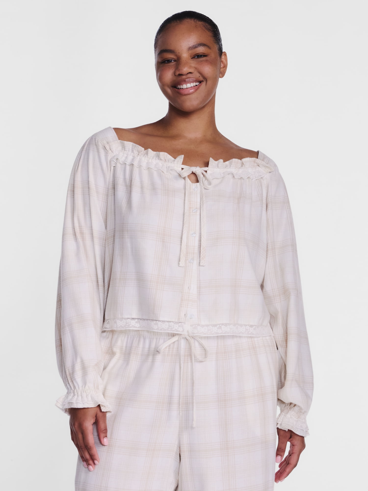 Joyspun Women's Flannel Peasant Long Sleeve Sleep Top, Sizes XS to 3X