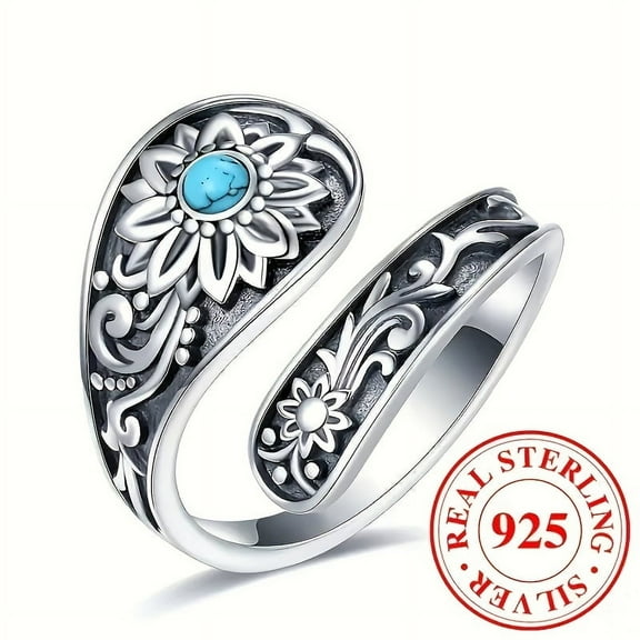 3.4g 925 Sterling Silver Spoon Ring - Exquisite Turquoise Accent Sunflower Carving, Timeless Wedding Jewelry, Reusable & Versatile Accessory For Any Occasion