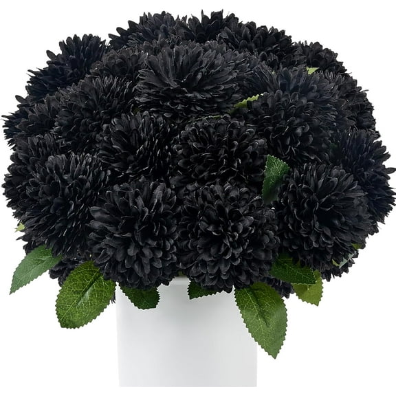 12 Pcs Black Artificial Chrysanthemums Flowers Ball Flower Fake Mums Silk for Halloween Thanksgiving Day Fall Wedding Home Decoration Floral Arrangement