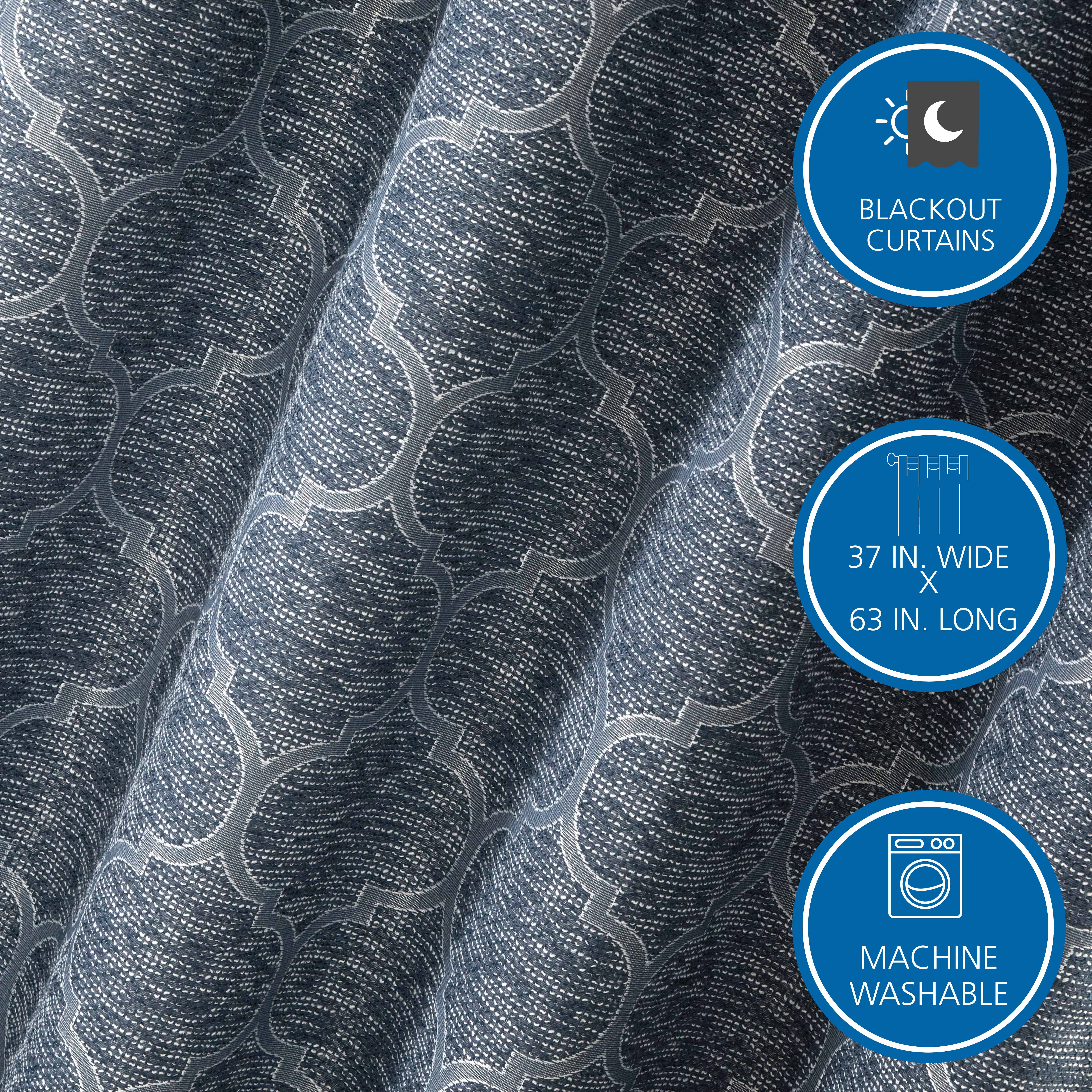 (2 pack) Mainstays Jacquard Blackout Panel Pair, Set of 2 Curtains, Blue Ogee, 37"W x 63" L