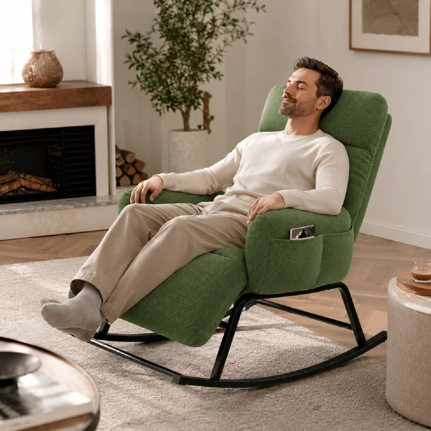 Modern Rocking Chair with Retractable Footrest, Upholstered Lounge Chair with Side Pocket, Plush Fabric, for Living Room Bedroom
