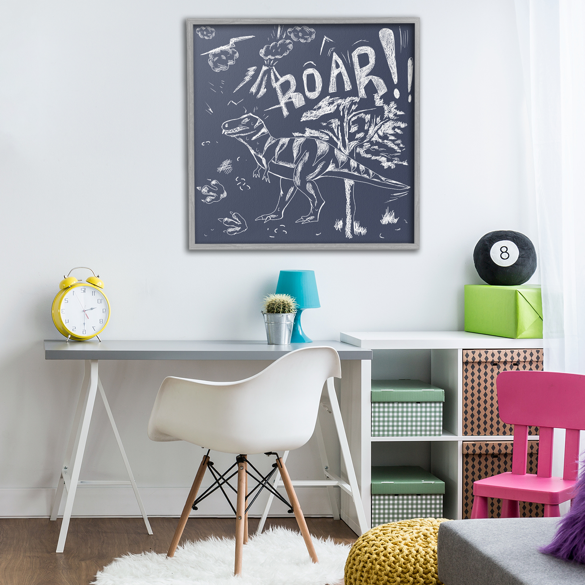 Sketchy Roar Dinosaur Gray Framed Giclee Art, design by HUE and MI and Sangita