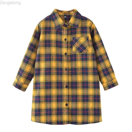 Zecgelong Girls Toddler Plaid Pleated Mini Dress Button Down Plaid Flannel Shirts Long Sleeve Casual Dress Size 2-3 Years