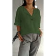 thumbnail image 4 of Women'S Linen Shirt Button Down V Neck Solid Blouse 3/4 Sleeves Casual Loose Fit Tunic Tops Summer T Shirts Green M, 4 of 5