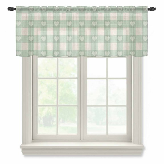 Green Love Heart Semi Sheer Valance Curtains Pastoral Watercolor Cute Love Green Plaid Linen Voile Valances Curtain Rod Pocket Small Window Treatment for Kitchen Bathroom Cafe 42"x12"