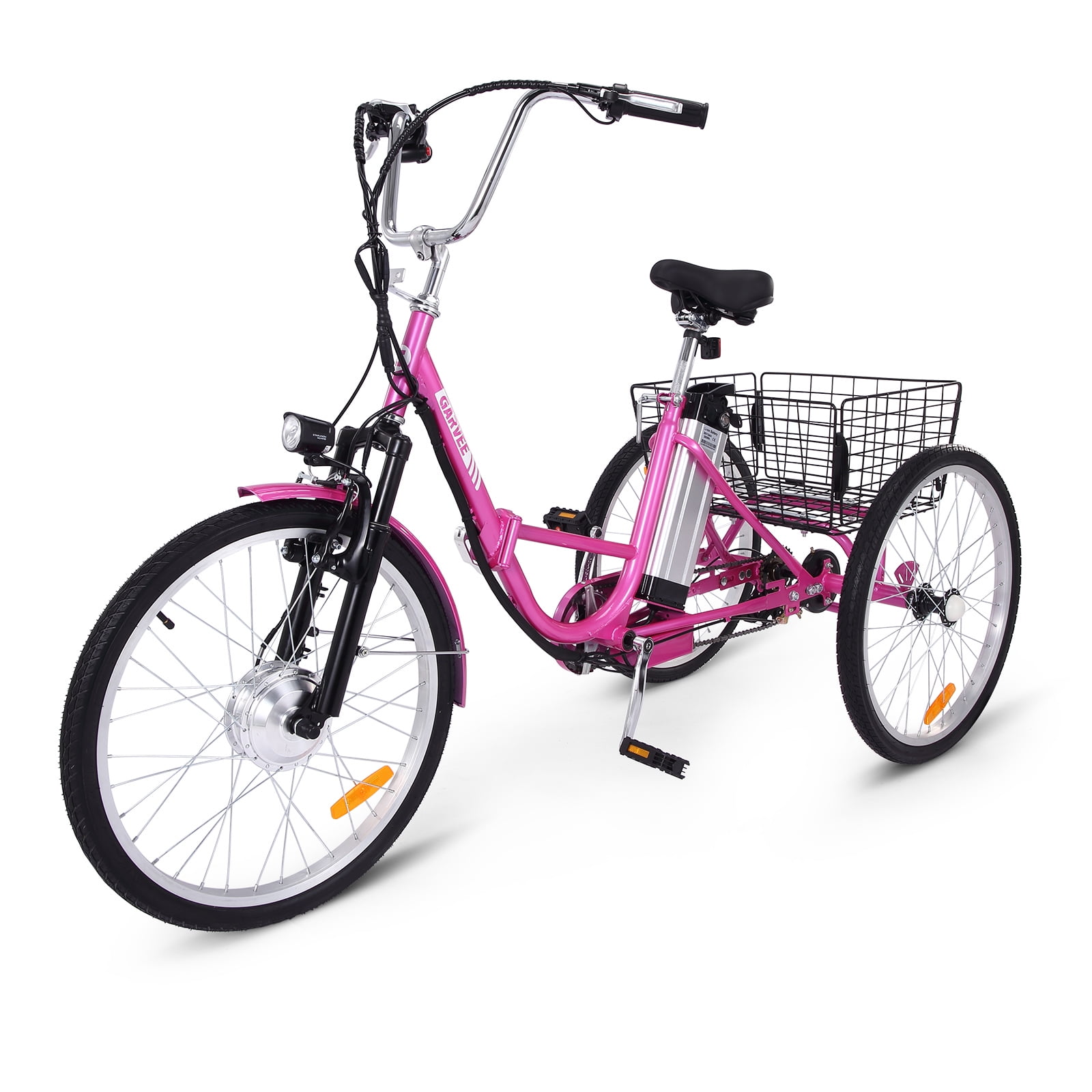 Accreate Electric Trike for Adults, 7 Speed Folding 3 Wheel Motorized Bicycle, 36V 10Ah Removable Battery, 24" Rose red