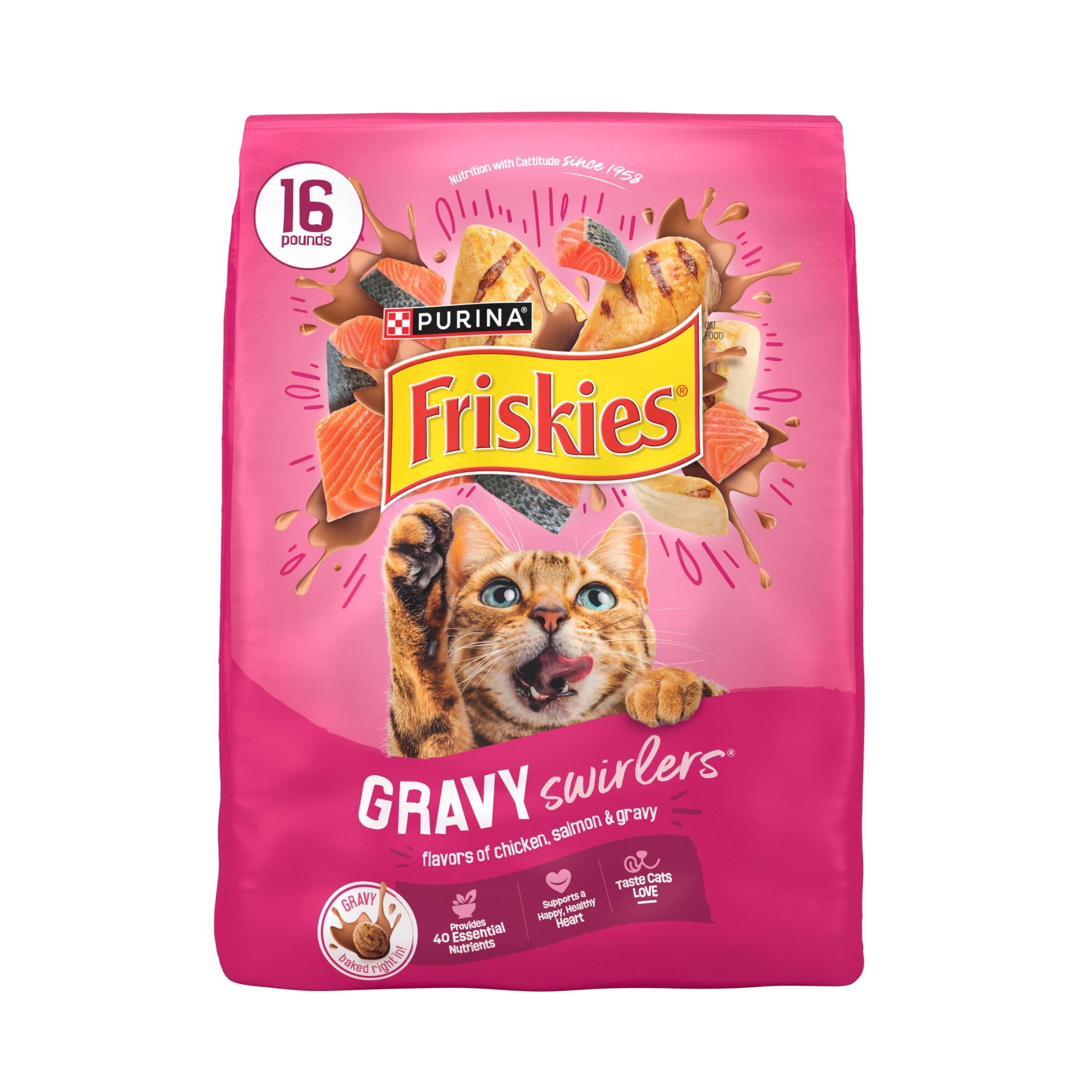 Purina Friskies Dry Cat Food Gravy Swirl'd with Flavors of Chicken, Salmon and Gravy Dry Cat Food, 16 lb Bag