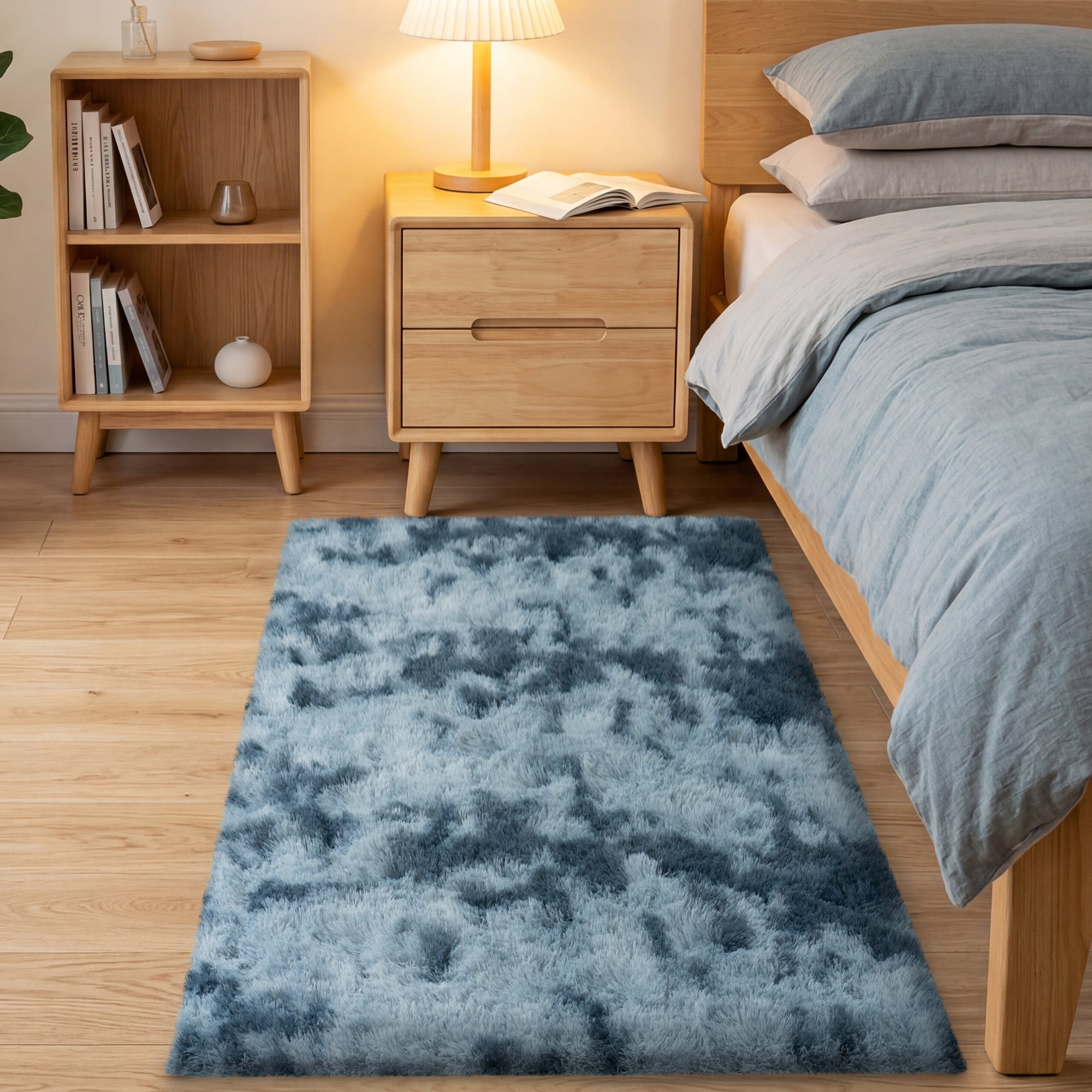 ZENELESS 4x6ft Fluffy Rugs,Super Soft Indoor Modern Carpets,Anti-skid Fuzzy Area Rug for Teens Dorm Nursery Bedroom Home Decor Tie-dye Blue&Gray