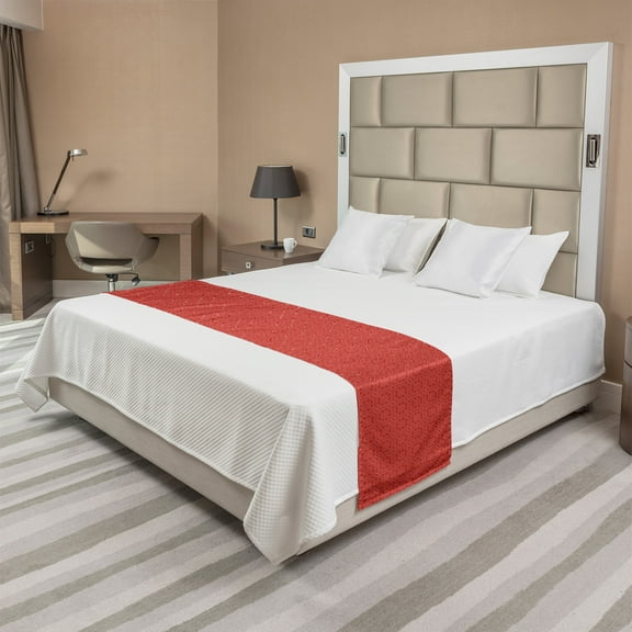 Ethnic Bed Runner, Diagonal Geometry of Funky Oriental Moroccan Mosaic Style Stars Monochrome, Decorative Accent Bedding Scarf for Hotels Homes and Guestrooms, Queen, Vermilion and White, by Ambesonne