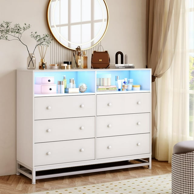 Contemporary Wood Dresser with 6 Drawers & Built-in Charging Ports - Spacious Bedroom Storage Organizer with Soft LED Lighting