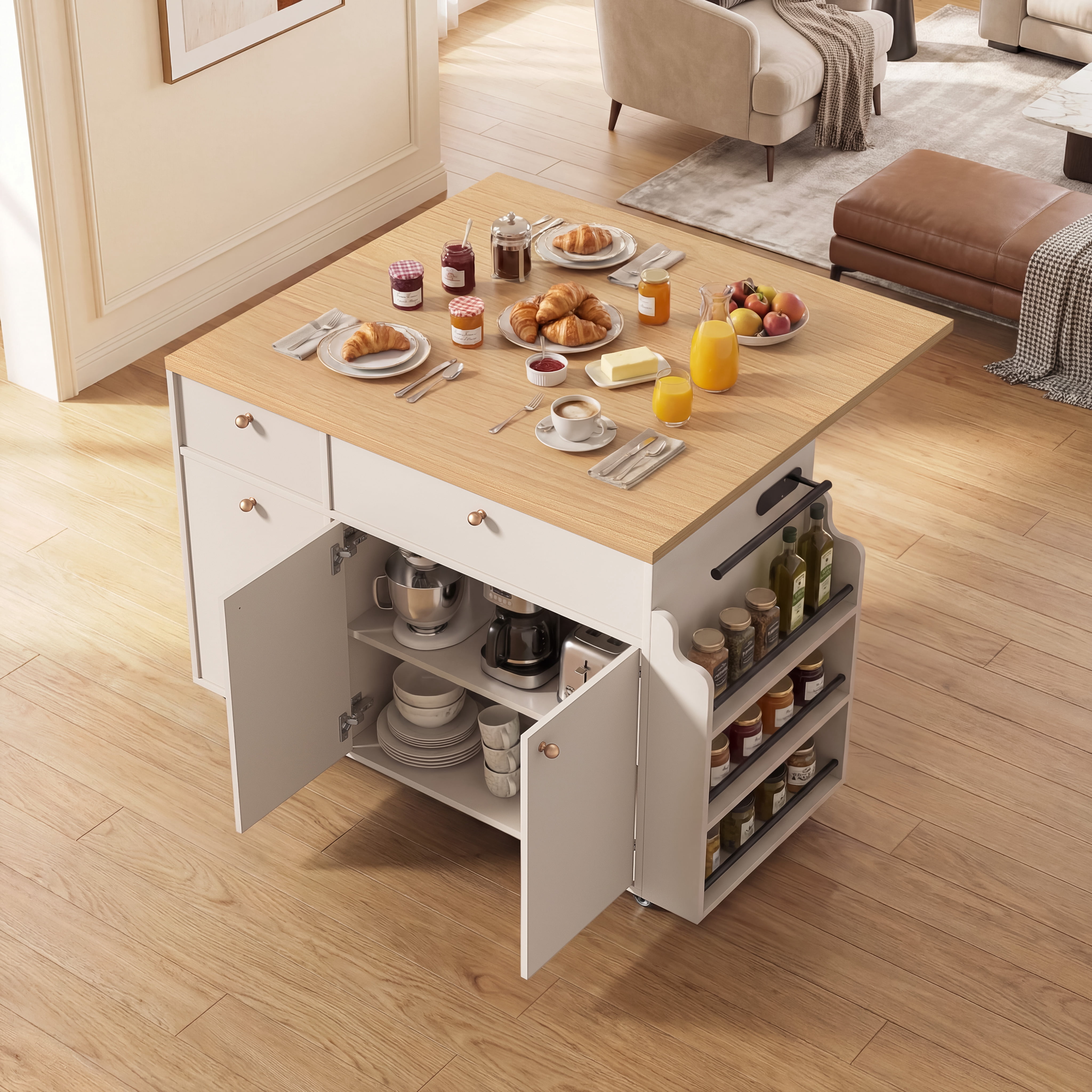 Mintazer Kitchen Island with Storage Rolling Kitchen Island Cart with Drop Leaf Extension, Drawers, Spice Rack, Towel Bar, Mobile Kitchen Cart for Kitchen & Dining Room, White