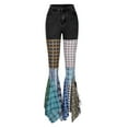 thumbnail image 4 of JWZUY Women High Waist Patchwork Flare Jeans Plaid Bell Bottom Ruffle Hem Denim Long Pants Trousers Black L, 4 of 9