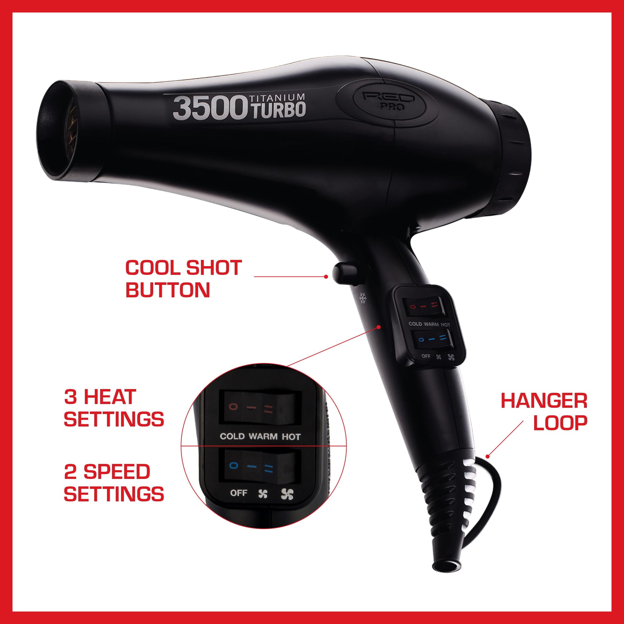 RED Pro Hair Dryer 3500W Turbo Titanium Blow Dryer with Detangler Comb, Fast Dry Smooth Hair, 3 Heat / 2 Speed Setting, Cool Shoot Button, Professional Salon Dryer
