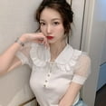 thumbnail image 4 of Clearance Retro Doll Collar Knitted Mesh Stitching Puff Sleeve Short Sleeve Top Modern, 4 of 6