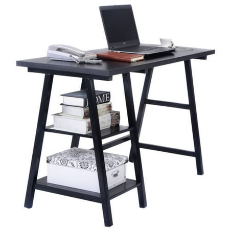 Modern Trestle Desk Laptop Writing Table Shelves Computer Desk