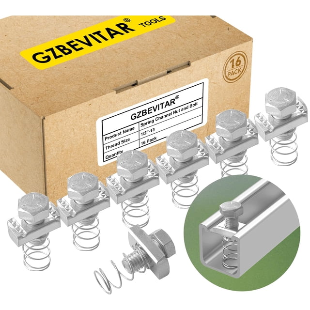 GZBEVITAR Spring Channel Nut and Bolt - 1/2" x 15/16" for 1-5/8" Strut Channel. Strut Channel Spring Nut 1/2"-13 with Thickened Galvanized Plating (1