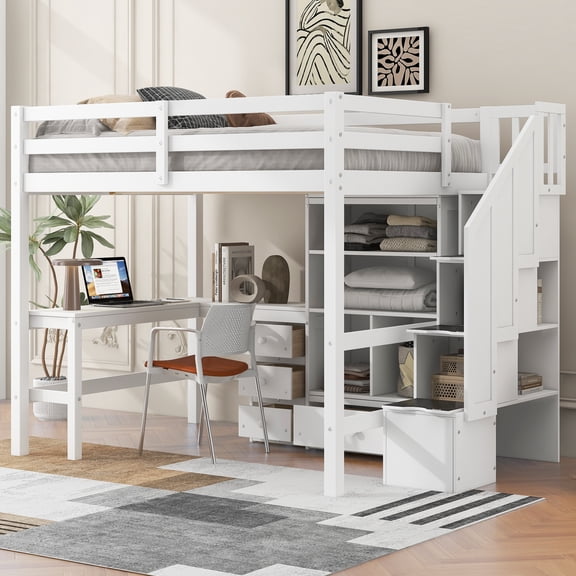 Full Size Loft Bed with L-Shaped Desk and Drawers, Cabinet and Storage Staircase, White