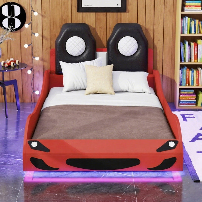 Twin Size Car-shaped Platform Bed with LED and Upholstered Backrest Headboard, Platform Bed Frame with Wheels and Safety Guardrails, No Box Spring Needed, Red