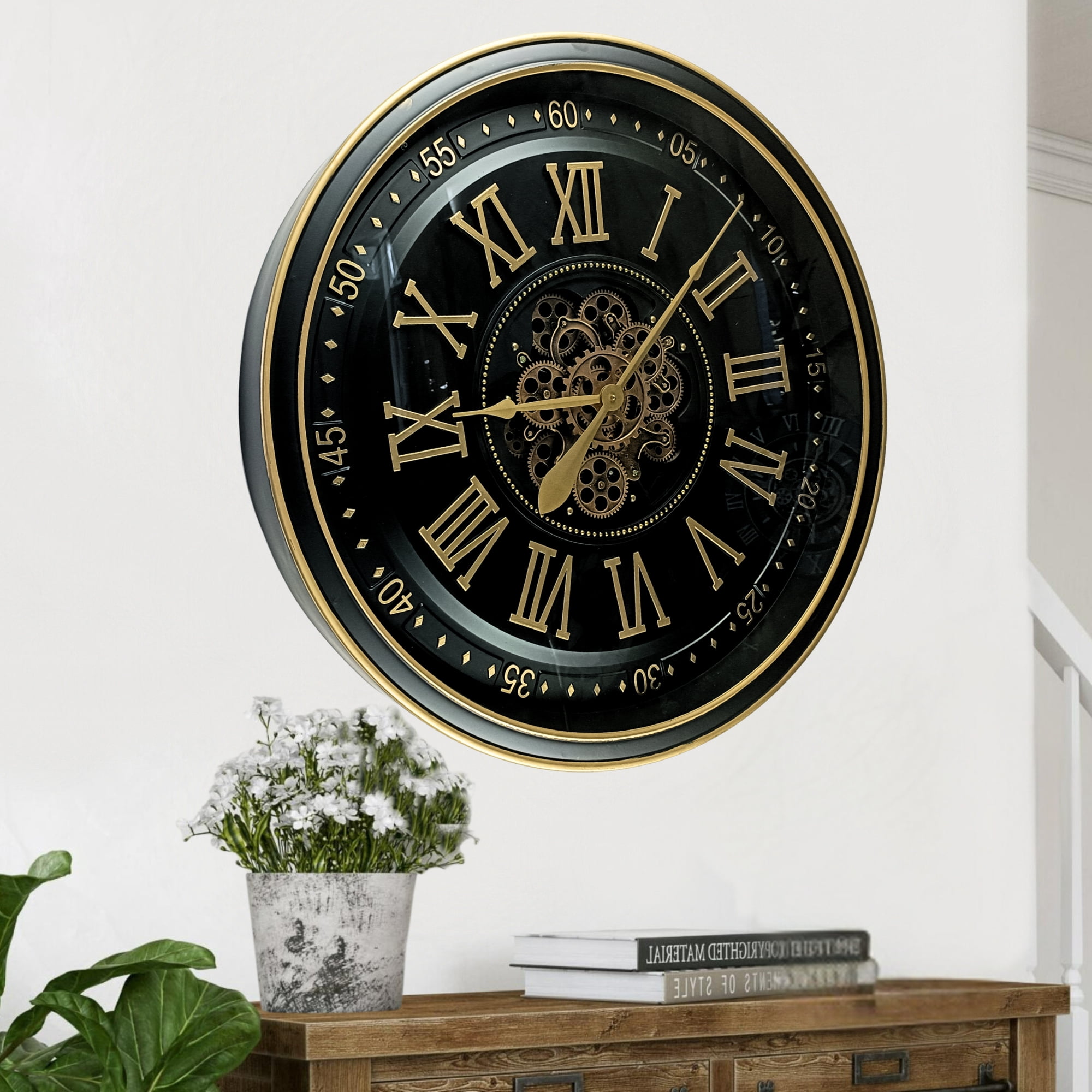 THE GEARS CLOCK Wall Clock with Real Moving Gears IR-LI_ 32 in Round BLACK-ANTIQUE