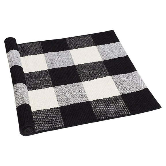 PiccoCasa Cotton Plaid Area Rug Checkered Rug for Porch, Black White 28"x18"