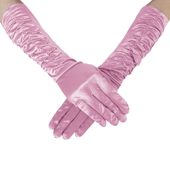 Fgnfyis Women Solid Color Satin Pleated Wedding Gloves for Party Events and Elegant Occasions Hot Pink