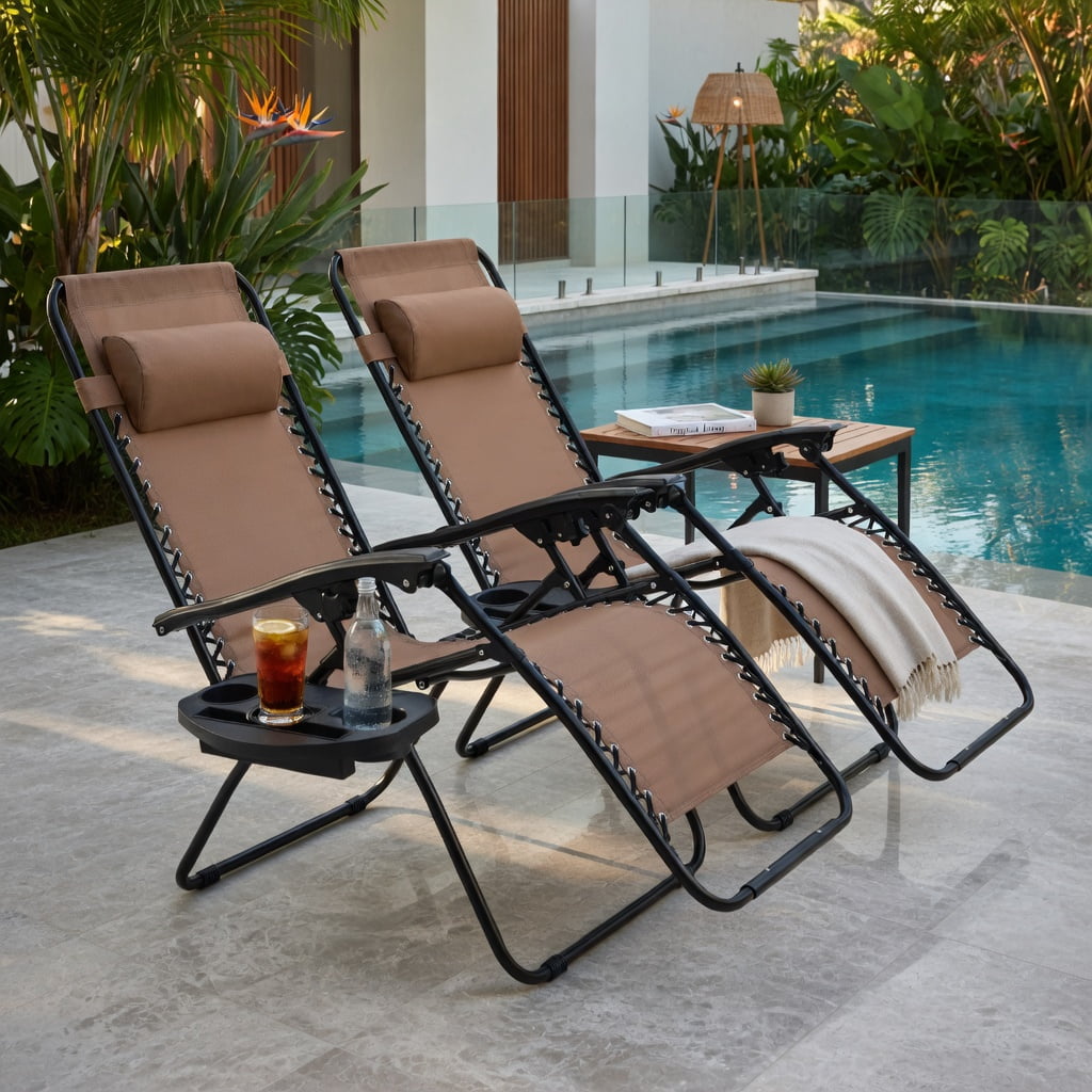 Hommoo 2-Pack Foldable Zero Gravity Lounge Chairs with Adjustable Headrest & Removable Tray, Brown
