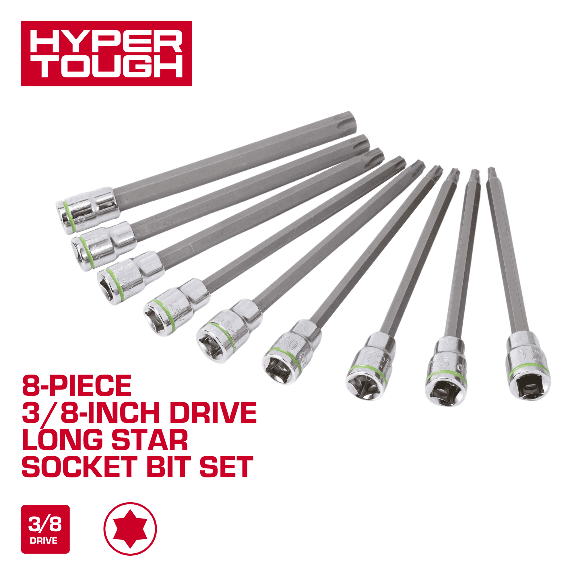 Hyper Tough 3/8-Inch Drive Long Star Socket Bit Set, 9 Pieces
