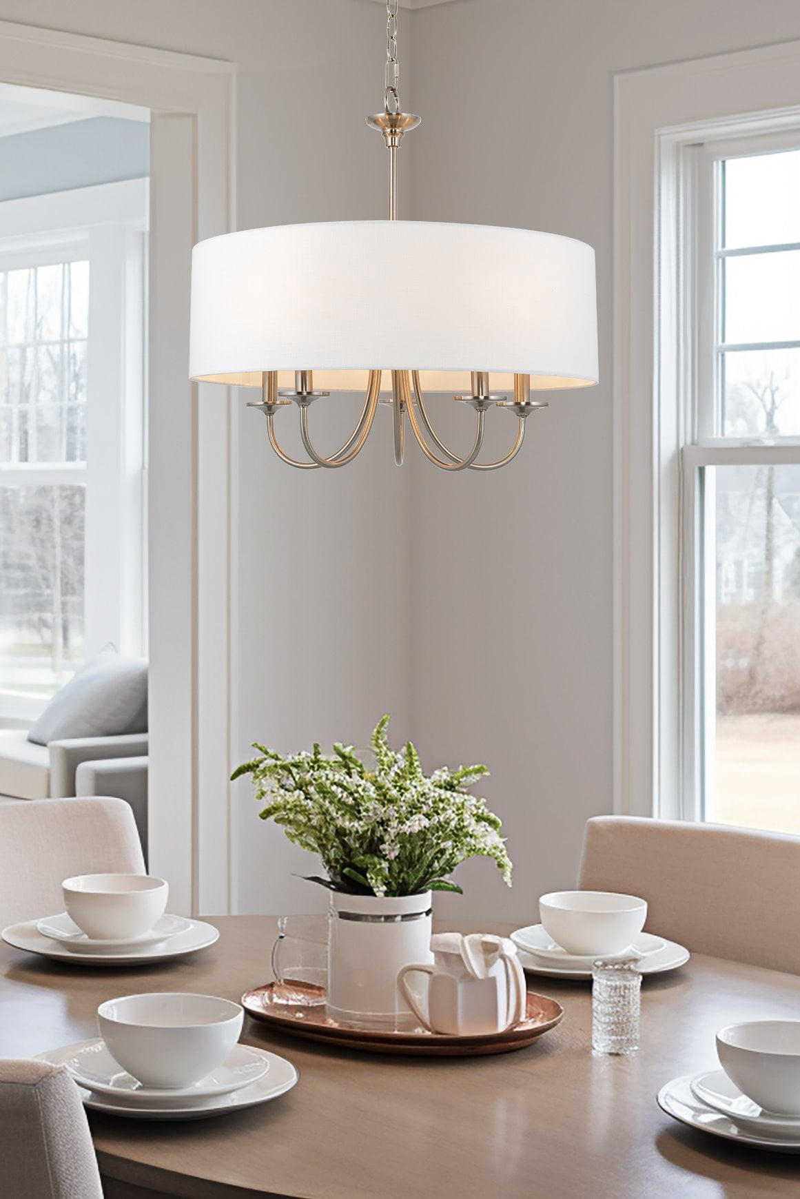Kira Home Quinn 22" Drum Chandelier, White Linen Shade, Farmhouse Hanging Light, White Drum Shade, Brushed Nickel