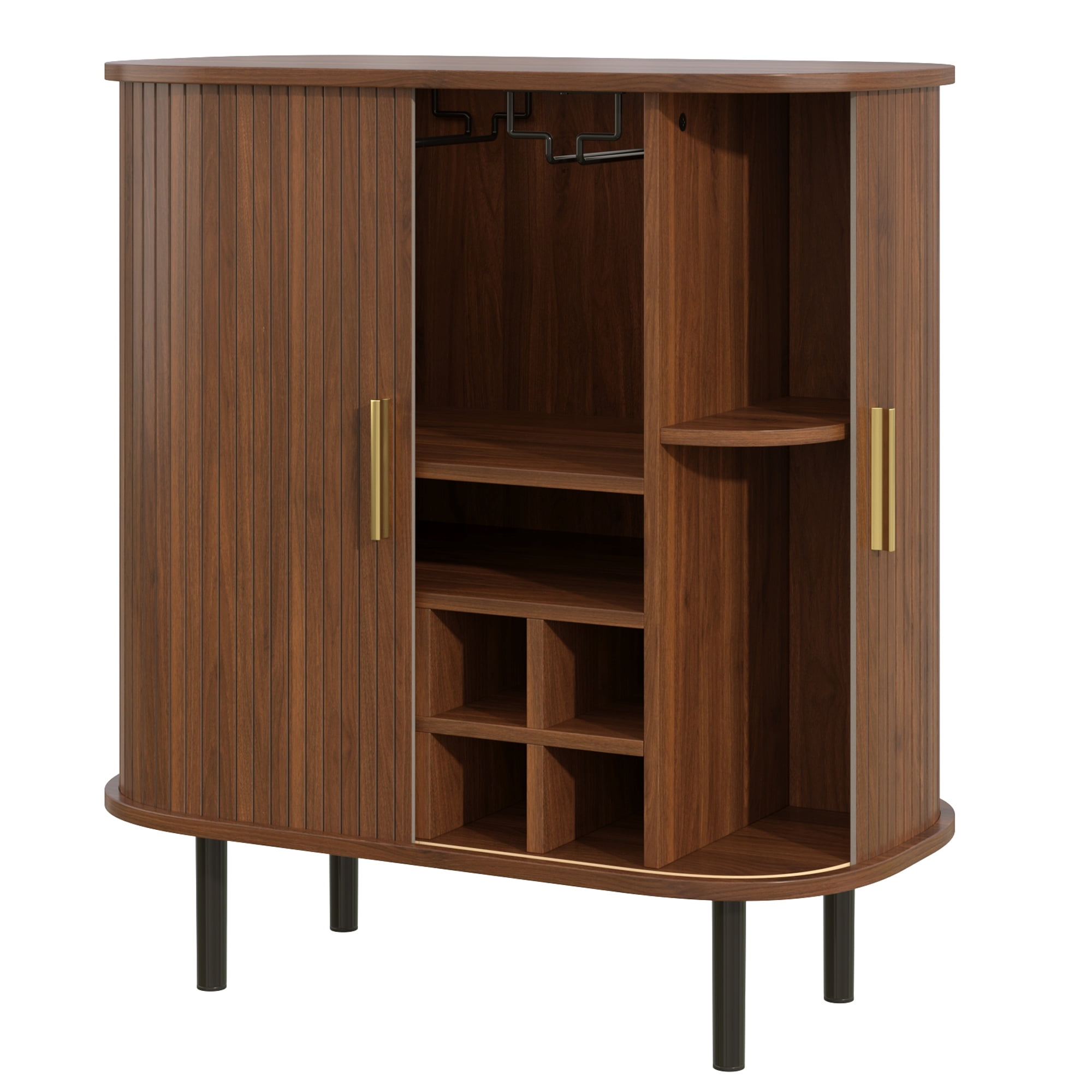 Euroco 28" Wine Bar Cabinet, Standing Liquor Cabinet with 8 Wine Racks,2 Glass Holders,Sliding Doors & Side Hidden Storage Space,Coffee Bar Cabinet with Adjustable Shelves for Kitchen Dining Room