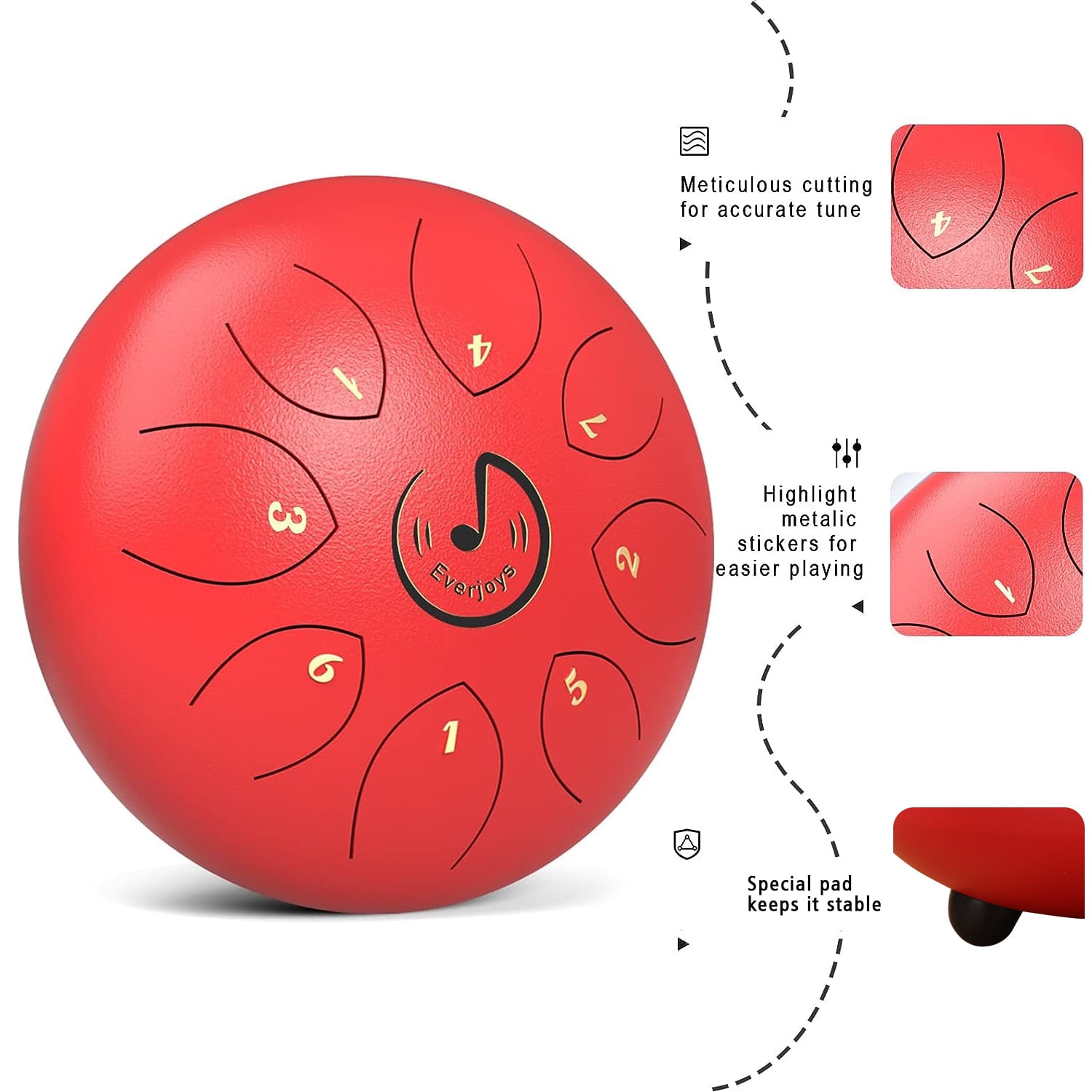 EVERJOYS Steel Tongue Drum, 8 Notes 6 Inches C-Key Handpan Drum Percussion Instrument w/Gig Bag, Music Book and Mallets for Beginner Meditation Healing Concert Yoga Steel Drum,Red
