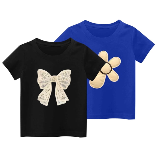 Odeerbi 2 Paquetes de Camisetas de Algodón de Niñas 2-11 Años Linda Impresión de Flores de Arco Camisetas de Manga Corta Tops de Verano Suaves Y Informales