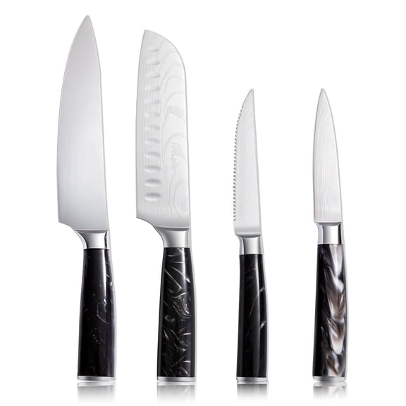 Chef Knife Set 4 Piece, High Carbon Stainless Steel Kitchen Knife Set with Elegant Black Blade, Ultra Sharp Japanese Style Cooking Knives w