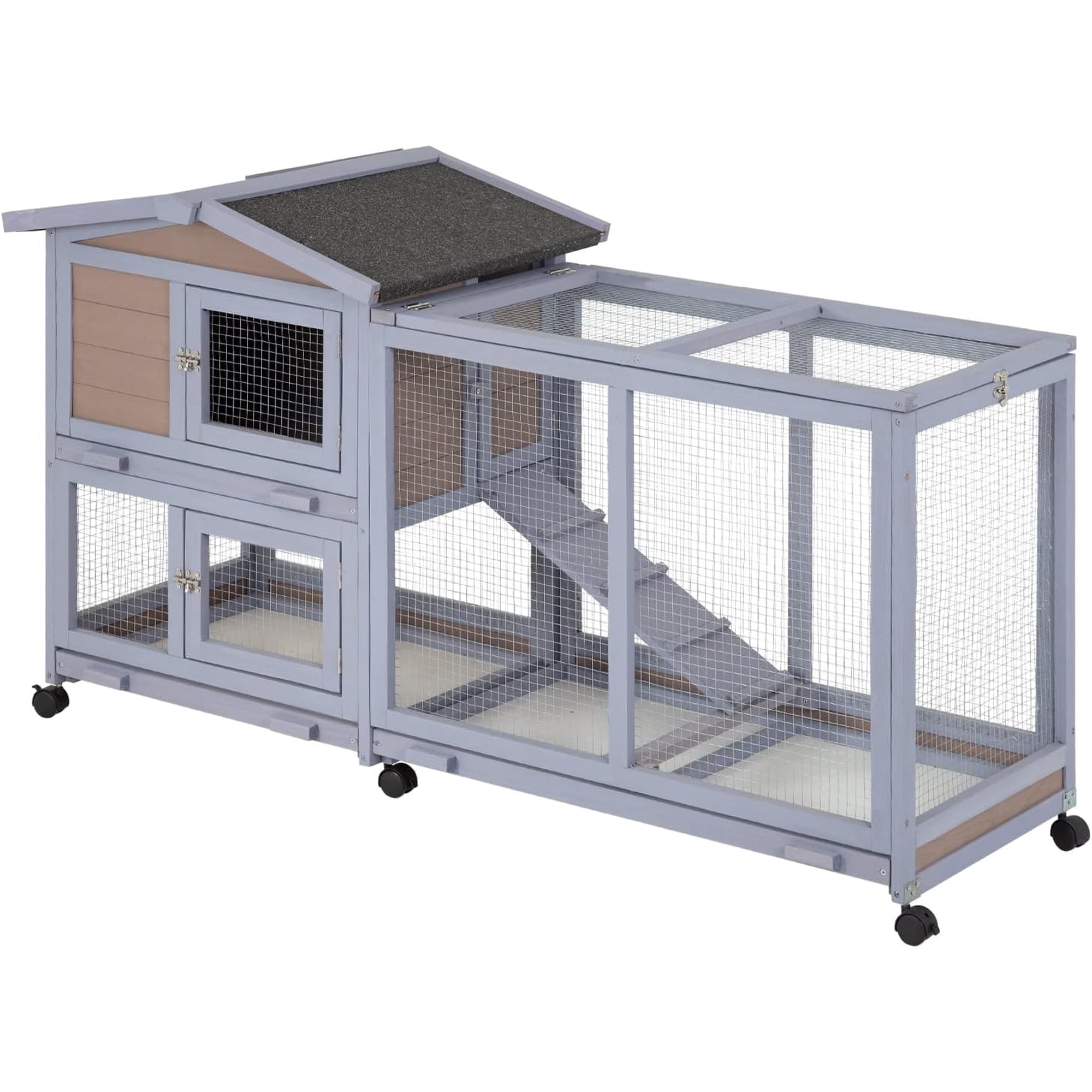 Wood Rabbit Hutch Rabbit Cage Bunny Hutch Rolling Large Bunny Cage Indoor Outdoor Two Story Guinea Pig Hamster Hutch Rabbit House with Wheels