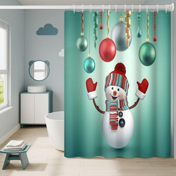 Merry Christmas Shower Curtain with Hooks Cute Snowman Colorful Xmas Balls Ribbon Design Print Winter Holiday New Year Bathroom Decorative Shower Curtain, 72x84 Inch