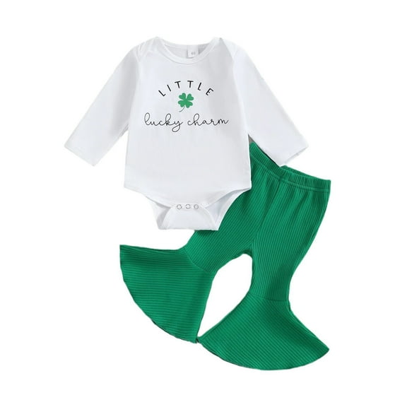 vdgthytj Cute Baby Girl St Patricks Day Outfit Shamrock Long Sleeve Romper Flared Pants Set Toddler Newborn Clothes