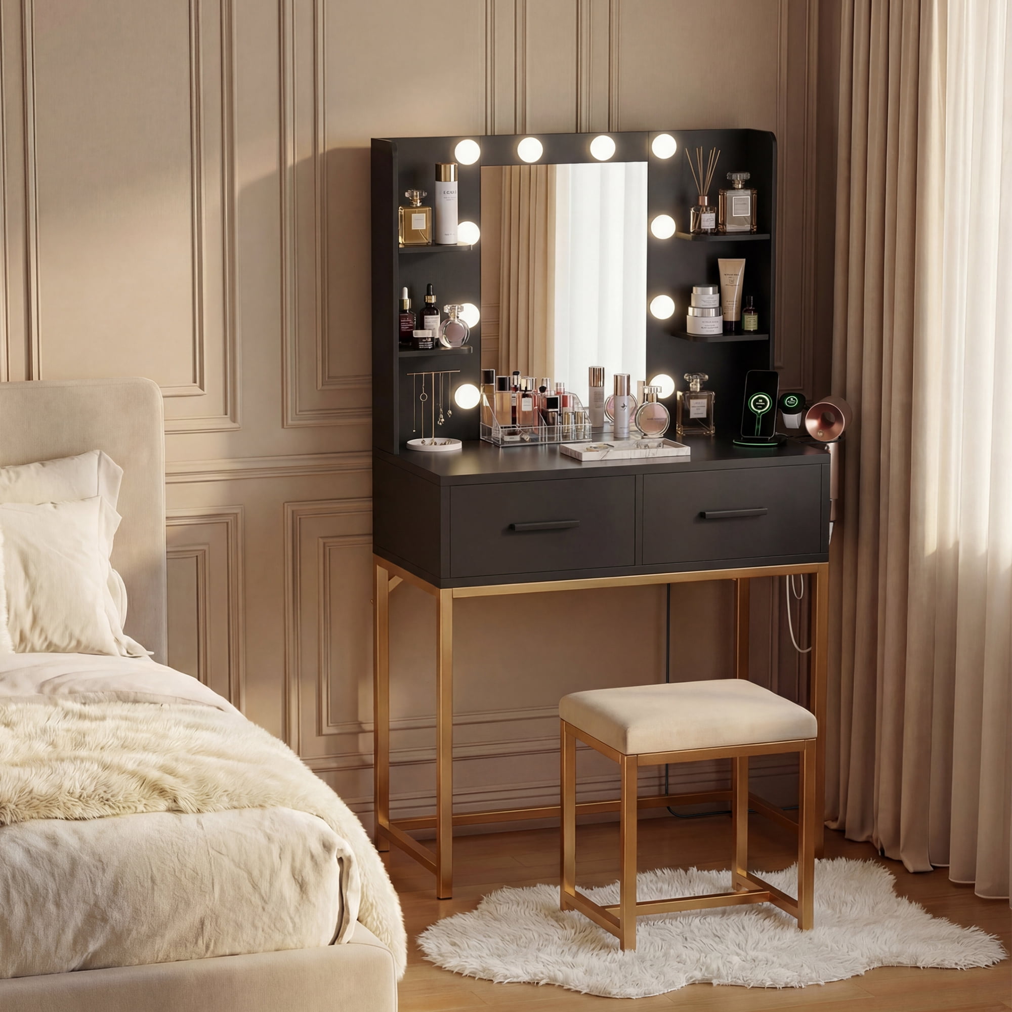 Homall Vanity Desk with Mirror, Power Outlet & LED Lights, Makeup Vanity Table with 2 Drawers & 4 Shelves, Dressing Table for Bedroom Dressing Room, Black
