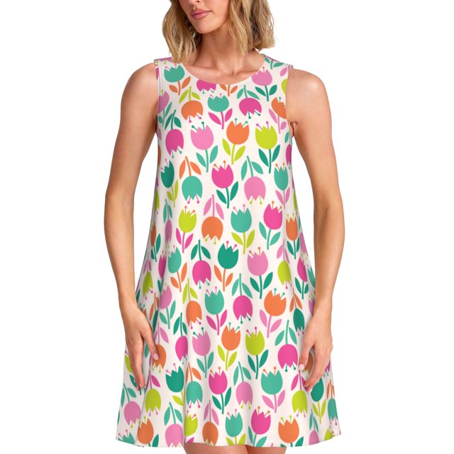 Fotbe Tulips Flowers Vestido de Verano sin Mangas para Mujer – Vestido Midi Línea A, Estilo Camiseta Floral, Vestido Playero Casual y Fluido