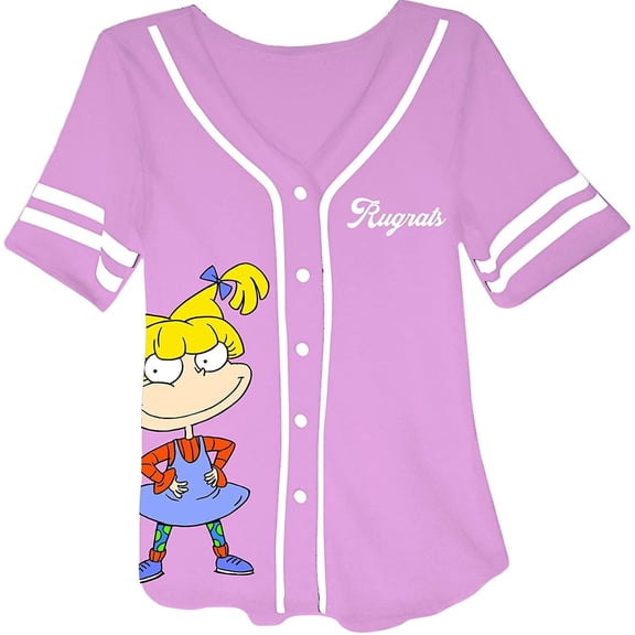 Nickelodeon Women's Baseball Jersey, Printed Cartoon Rugrats Baseball Shirt Light Pink – S