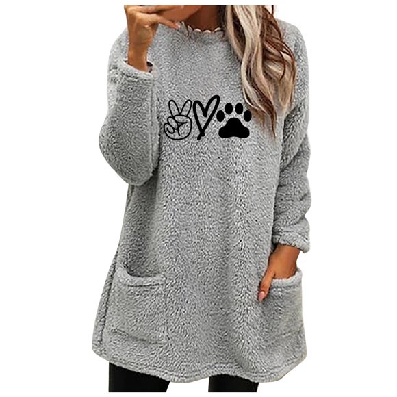 Virmaxy Fall Winter Mid-Length Sherpa Fleece Coat for Women Love Cat's Paw Printed Fuzzy Thicken Blouse Tops Long Sleeve Pullover Shirt Crew Neck Loose Plush Sweatshirt with Pocket Gray-A 2XL