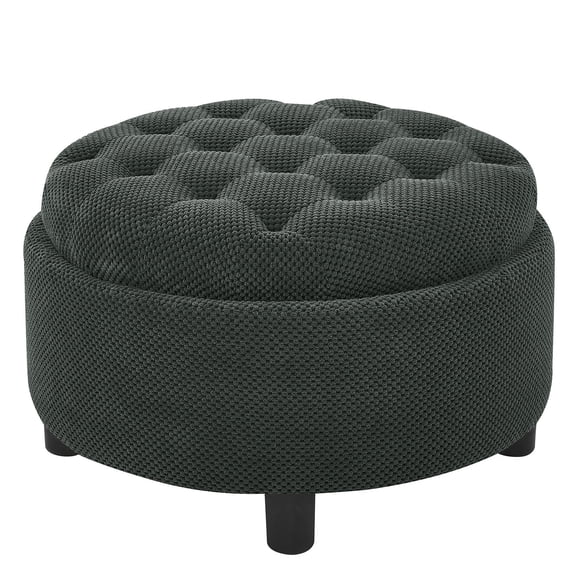 S-HOME Modern Tufted Fabric 25 Inch Round Storage Ottoman Coffee Table with Tray, Multifunctional Design for Living Room or Bedroom Use, Dark Grey