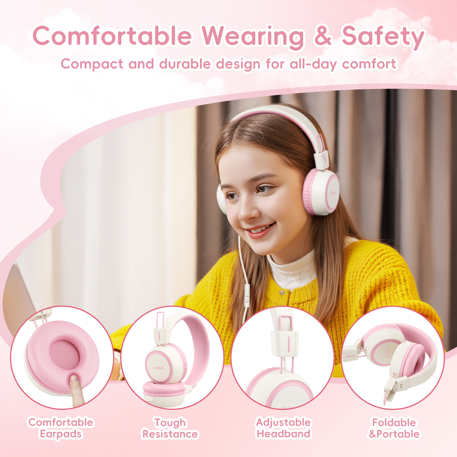 KVIDIO Kids Wired Headphones with Safe Volume Limiter, Pink photo 3