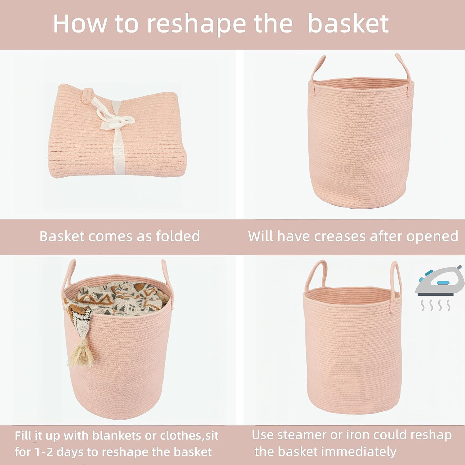 WarmHaven Cotton Rope Laundry Basket Hamper for Clothes Woven Storage Basket for Living Room Bedroom Boho Tall Rope Baskets for Blanket Toys Pillow Towels Baby Nursery Hamper Bin coral pink