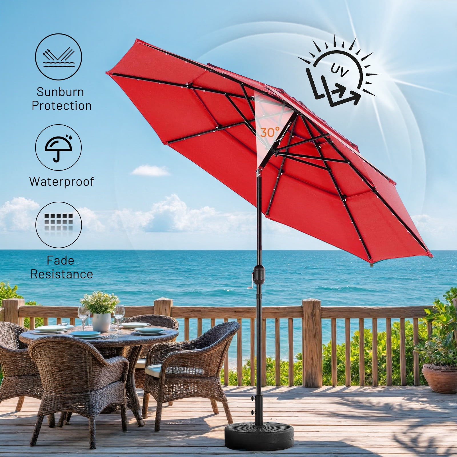 9.2 ft Outdoor Patio Umbrella with Crank and Push-Button Tilt, Market Umbrella with 8 Sturdy Ribs for Deck, Pool, Porch, Garden, Red