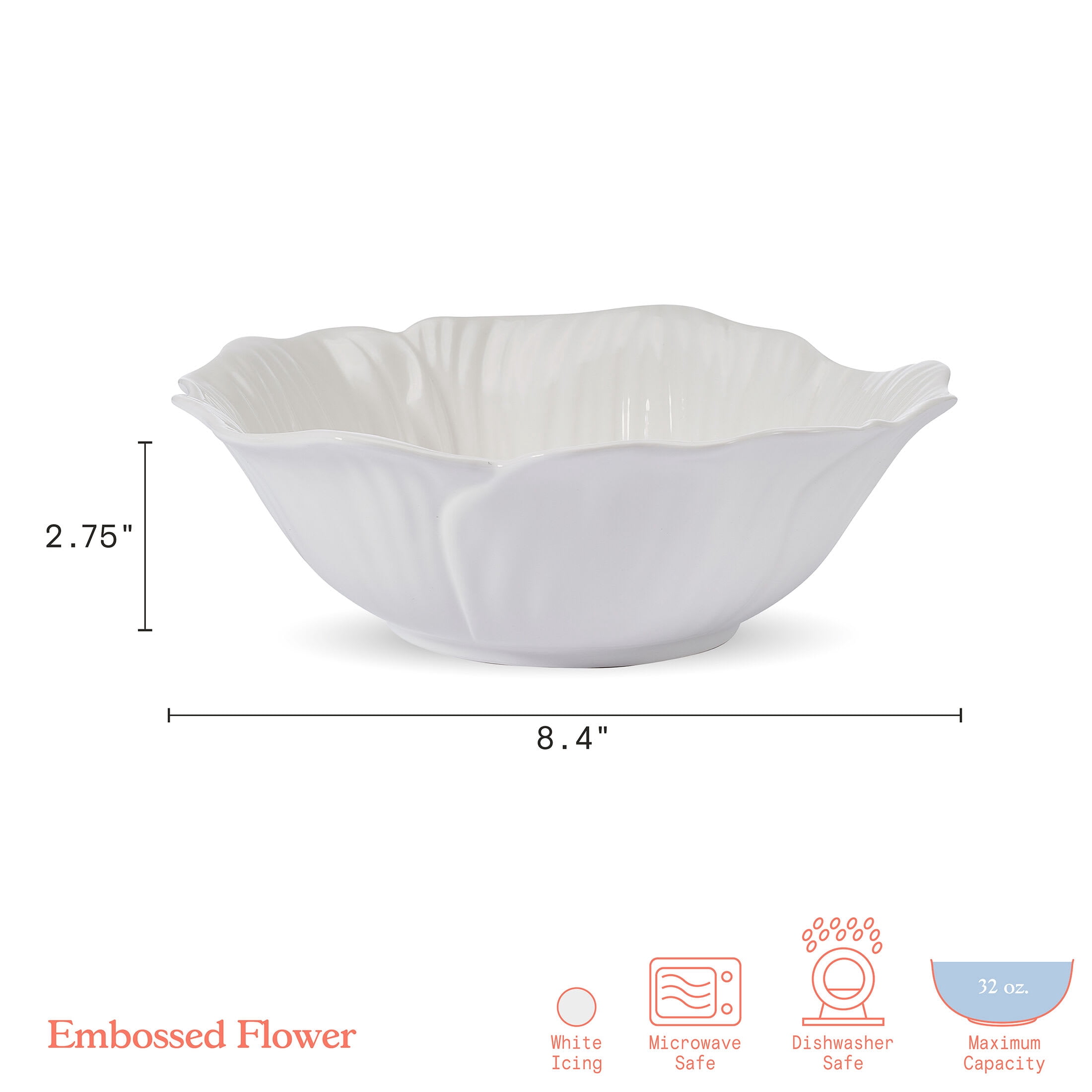Beautiful by Drew Barrymore Embossed Flower Stoneware 31.5 fl oz Pasta Bowl Set, 4 Piece, White