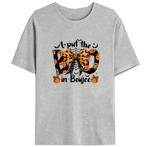 I Put The Boo In Boujee Print T-shirts Cute Bat Coquette Halloween Graphic Tees Fall Pumpkin Spooky Season Design Tops Short Sleeve Casual Shirts Gray,M