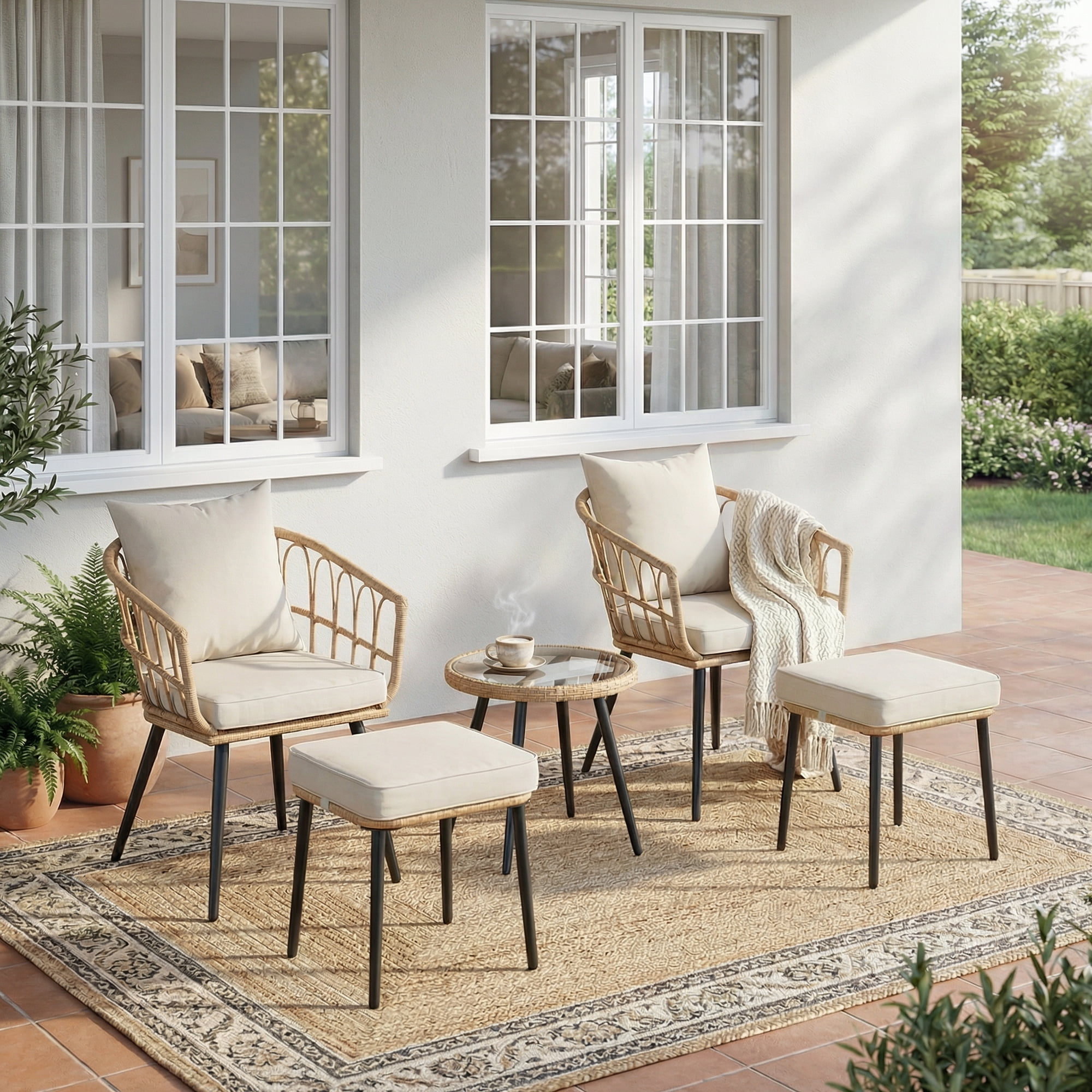FHFO 5 Piece Patio Bistro Set, Outdoor Wicker Furniture, Rattan Table & Chairs Set with Cushions (Yellow/Beige)